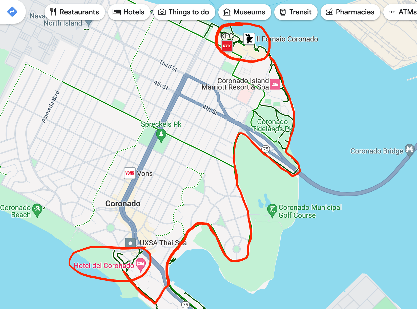 Electric scooter route map of Coronado Island