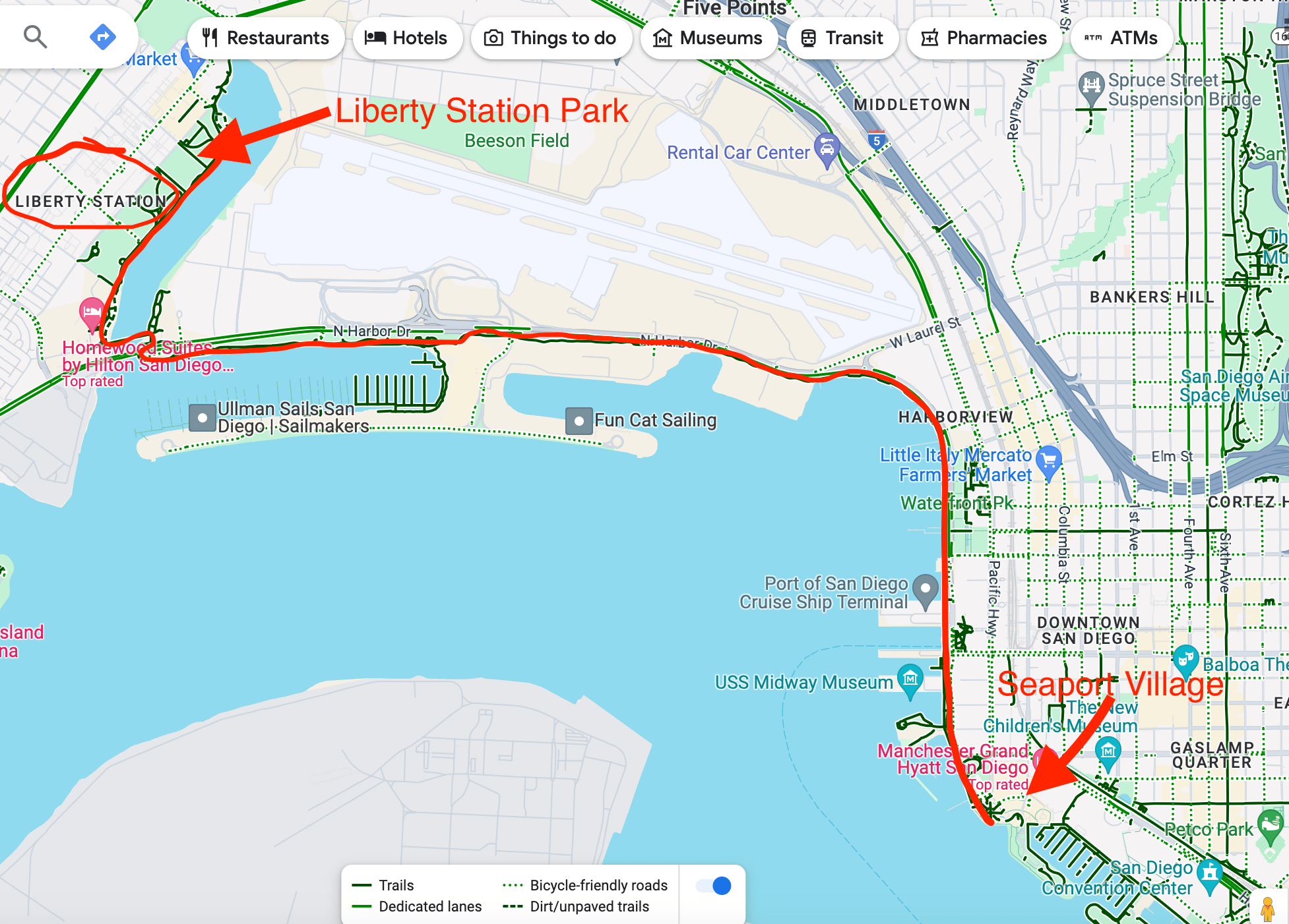 Electric scooter route map Liberty Station Park to Embarcadero