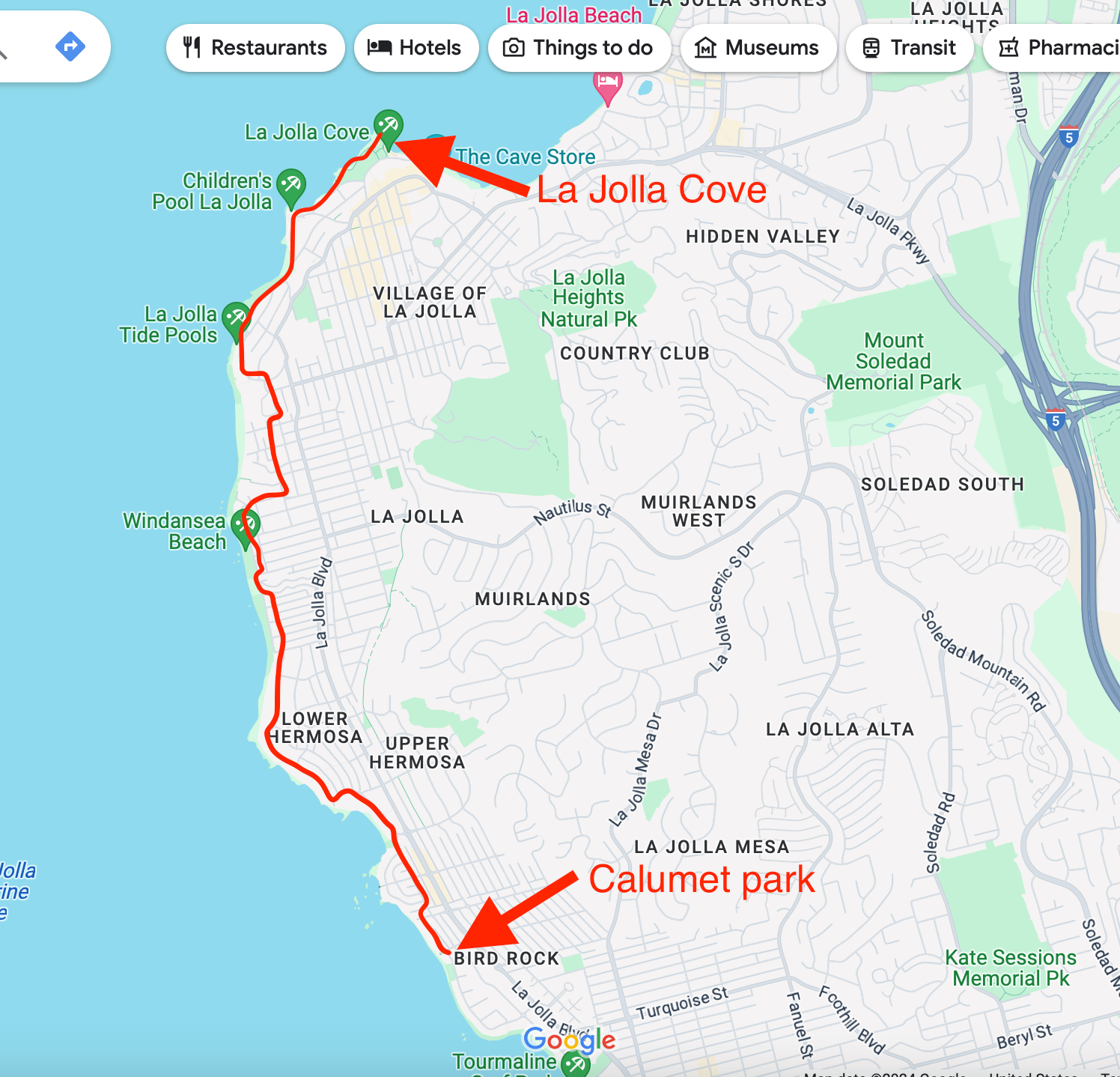 Electric Scooter route map La Jolla